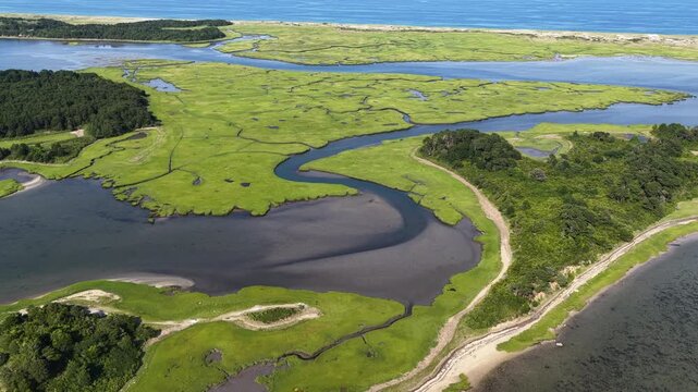 Narrow channels meander through a beautiful salt marsh between Hog and Sampson Islands in Pleasant Bay, Cape Cod. Marshes provide critical habitat for many birds, fish, and marine invertebrates.