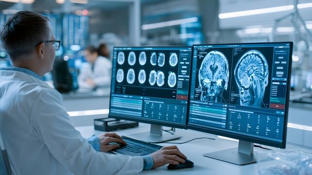 Medical artificial intelligence detecting early disease patterns from advanced diagnostic imaging inside a modern healthcare laboratory, precision medicine innovation