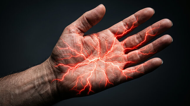 hand with electric shock, palm with glowing red lightning