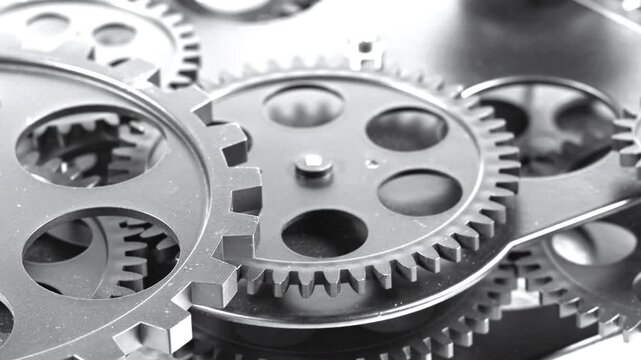 Wide close-up shot of multiple interlocking dark metal gears and cogwheels in motion, showcasing intricate mechanical engineering, precision industrial technology, and synchronization.