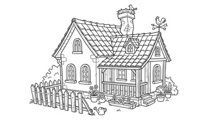 Obraz premium Charming Rustic Cottage with Picket Fence Line Art Drawing.