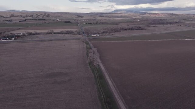 Aerial View of Agricultural Fields and Farms on the Rural Plains of Bridger, Montana