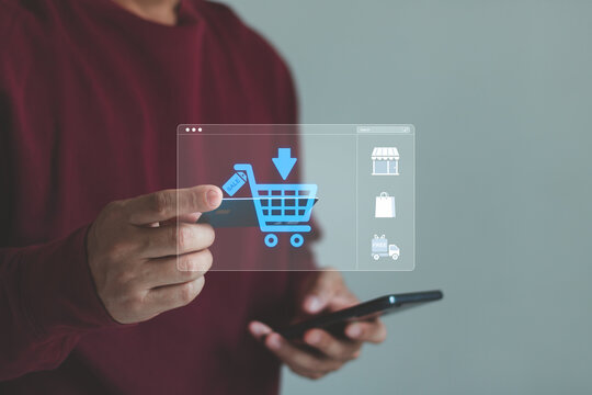 Online shopping with credit card payment on smartphone, digital ecommerce interface with virtual cart, secure checkout, mobile retail, online marketplace, cashless transaction, fast delivery concept.