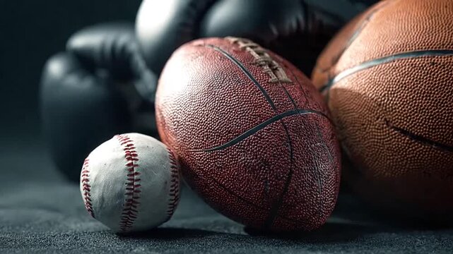 Collection of various sports balls and boxing gloves.