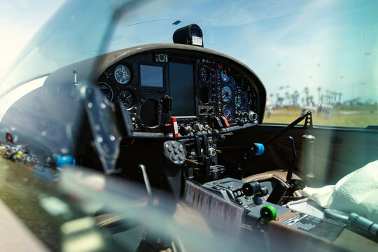 Interior view of an aircraft cockpit with control panel
