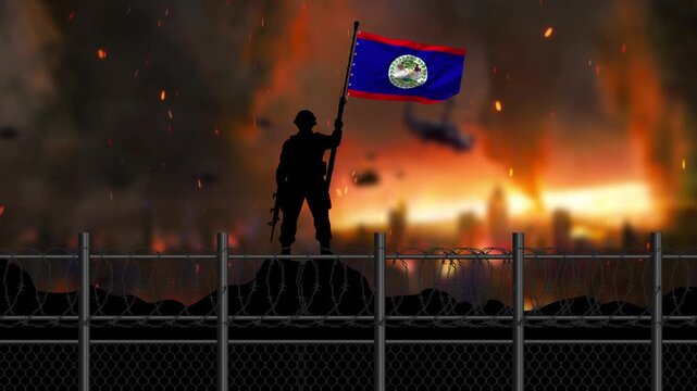 Belize Flag Waving in War Zone Silhouette Soldier 4K Border Conflict Military Background