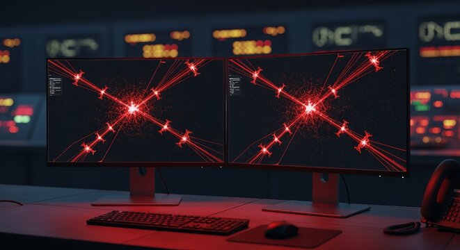 Dual Monitor Setup Displaying Critical Energy Distribution Grid Failure in High Tech Control Room