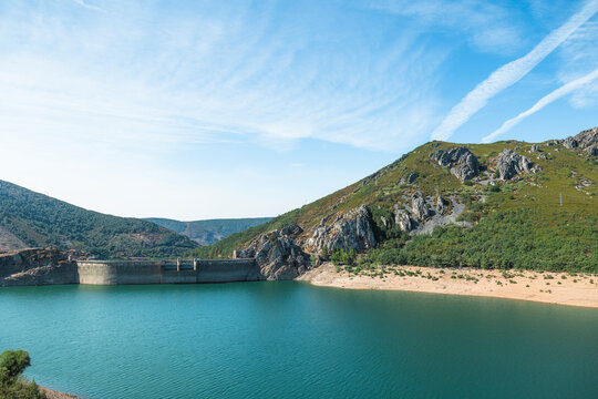 Blue reservoir and hydroelectric dam in Leon, Spain