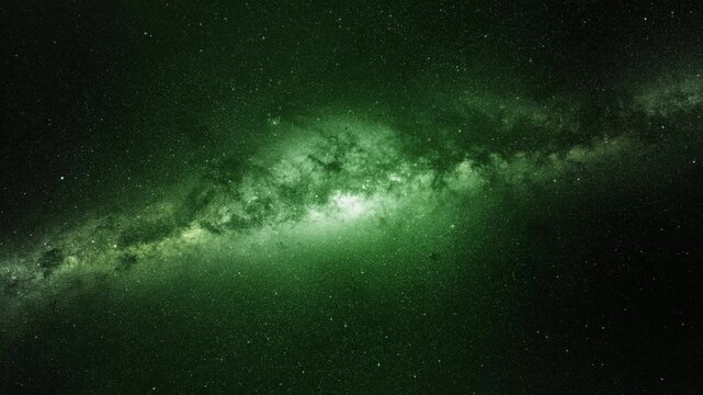 Dark green Milky Way galaxy background. Glowing starry night sky and outer space dust.