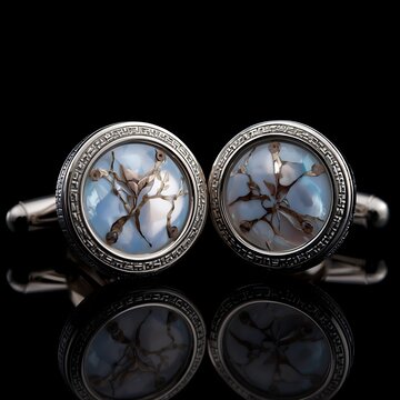 Elegant Silver Cufflinks with Mother-of-Pearl Inlay on Black Background