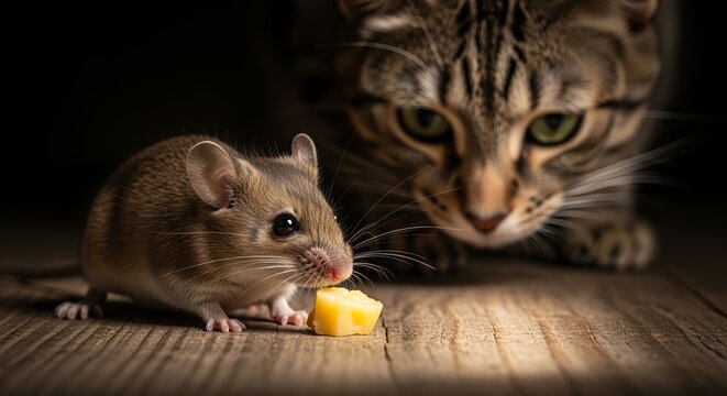 A small field mouse about to eat a piece of yellow cheese, with a watchful tabby cat in background.