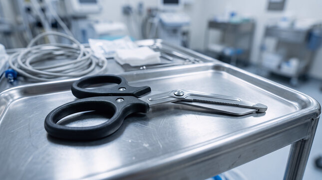 Medical trauma shears on a hospital tray. Emergency scissors for surgical or paramedic use.