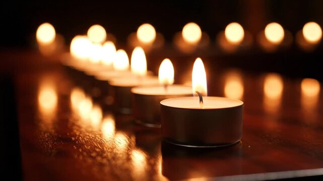 Multiple lit tea candles in aluminum cups arranged in a diagonal row on a dark reflective wooden surface with warm glowing flames and soft bokeh background lighting.