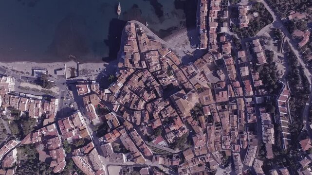 Aerial views of a small Spanish coastal town in the north eastern territory of Catalonia. Cadaques, Spain