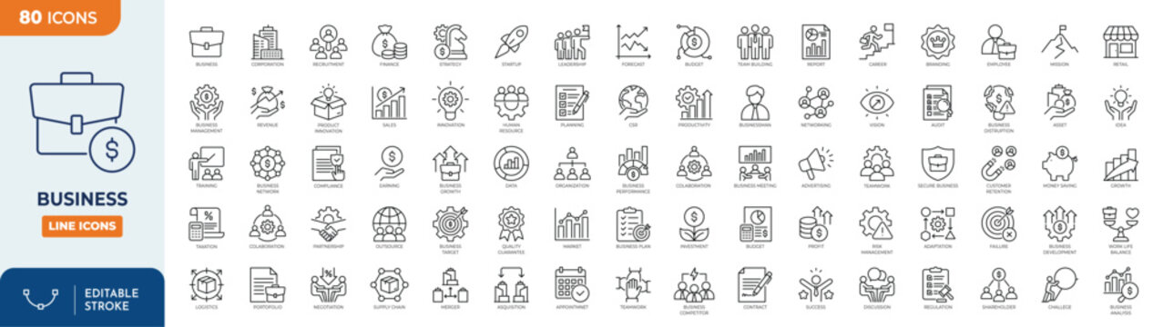 Business line editable icon set. Containing Business, team, partnership, startup, meeting, planning, company, management, and more. Vector illustration
