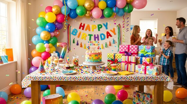 Birthday party with balloons and confetti in a festive celebration and joyful event scene