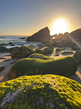 Scenic sunset view over rocky Nazare coastline
