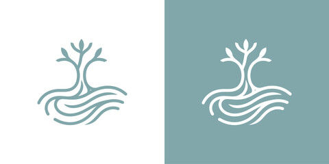 Obraz premium Minimalist Line Art Logo Design Featuring a Stylized Tree Growing from Flowing Water Waves for Nature or Wellness Brands