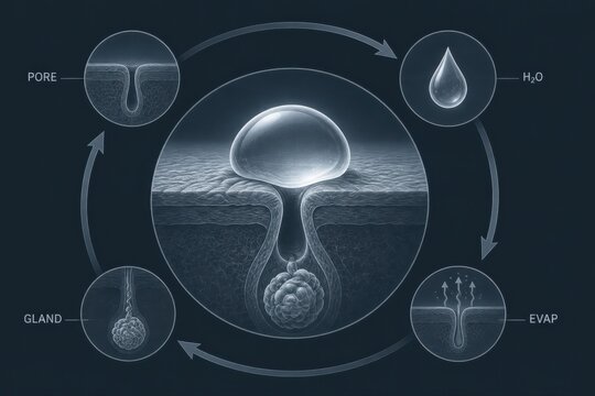 Skin hydration diagram showing pore and sweat gland evaporation cycle