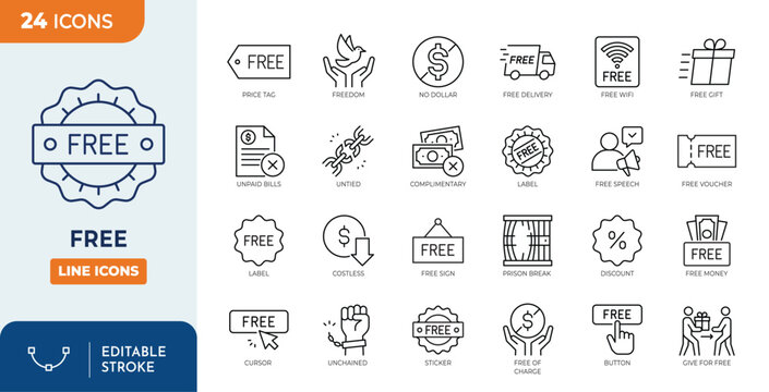 Free line editable icon set. Containing free, gift, freedom, discount, complimentary, free sign, label, and more. vector illustration