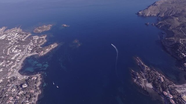 Aerial views of a small Spanish coastal town in the north eastern territory of Catalonia. Cadaques, Spain
