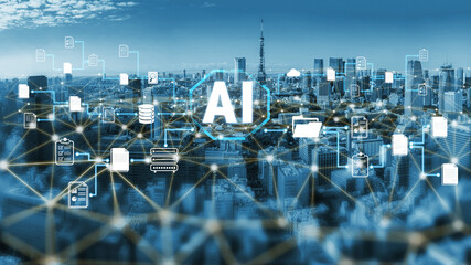 Naklejka premium Futuristic Cityscape with Artificial Intelligence and Digital Networking Visualization on Modern Skyline with Cloud Technology and Data Connectivity Quark.