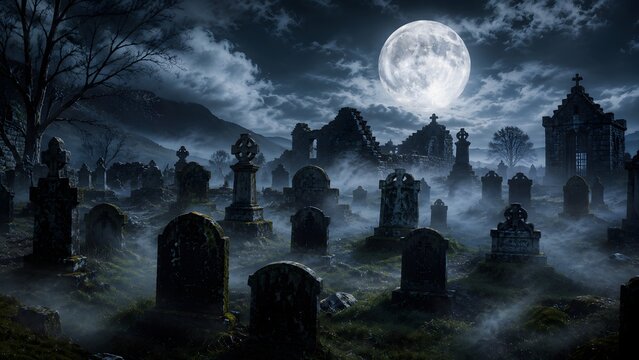 Spooky graveyard at night with a full moon and mist