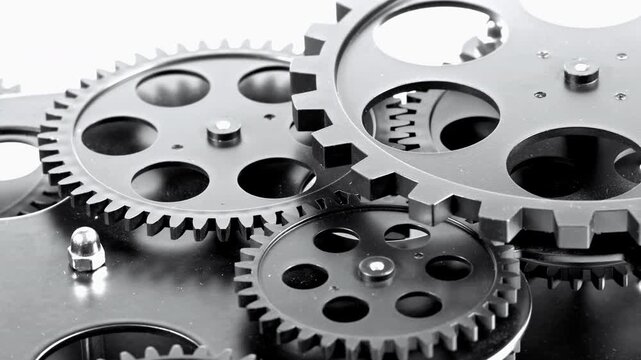 High-angle shot showing multiple dark metallic cogs and gears interlocking within a complex mechanical assembly, emphasizing precision engineering, industrial coordination, and automated technology.