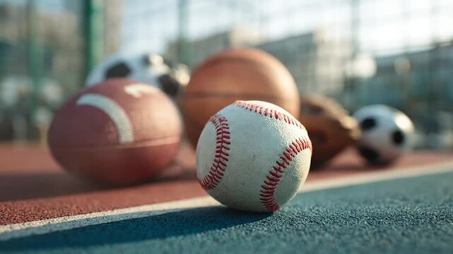 Basketball, football, and baseball on an outdoor court.