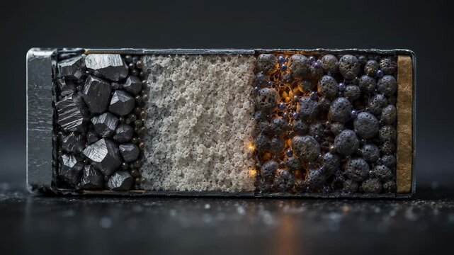 Solid State Battery Cross Section Showing Lithium Ion Transport Through Advanced Energy Storage Cell