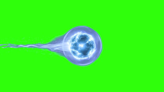 A brilliant blue plasma energy fireball with a trailing shockwave streaming across a solid green screen background. Great for magic spell effects, superhero energy blasts, sci-fi space visuals, and ea