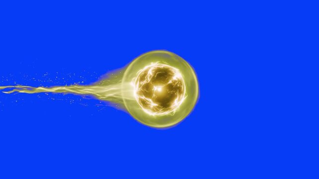 A dynamic golden yellow energy sphere fireball flying fast with a bright flaming trail, isolated on a solid blue chroma key backdrop. Perfect for sci-fi space effects, magic spells, power trail animat
