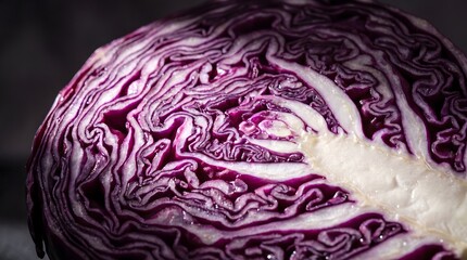 Fototapeta premium Close-up Macro Shot of a Vibrant Red Cabbage Showing Its Intricate Layered Texture and Purple Hues