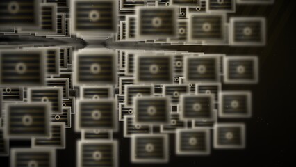 Fototapeta premium Macro studio photograph of endless looping generic ventilation plenum box core arrays with obsidian raw ceramic and gold accents