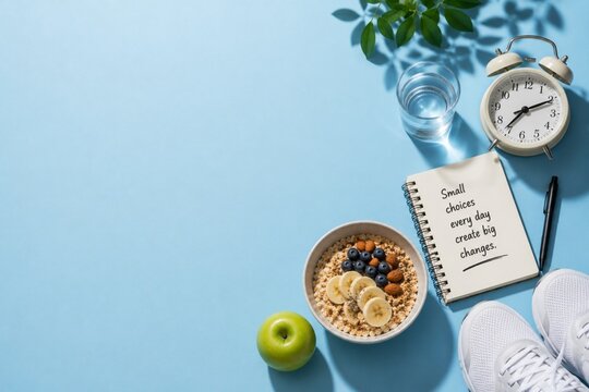Healthy Morning Routine and Daily Wellness Habits Concept with Balanced Breakfast Fitness and Time Management
