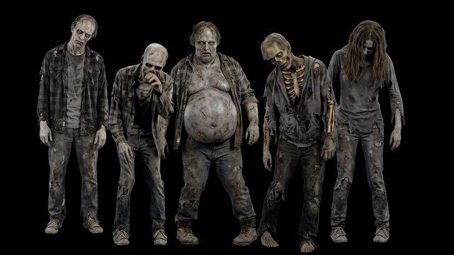 High-contrast 3D VFX render of a creepy crowd of zombies standing in place and swaying, isolated against a solid pitch-black background. Ideal for cinematic horror teasers, dark video overlays, Hallow