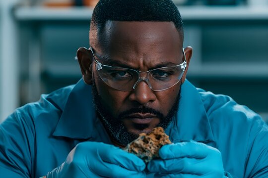 Professional scientist examining mineral specimen in laboratory, African American male researcher wearing safety goggles and blue gloves, geology research and analysis