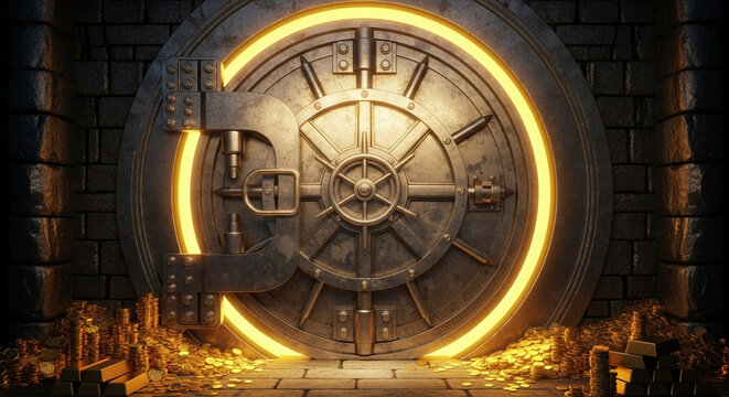 A colossal, ornate, circular vault door glows with an inner golden aura, revealing a treasure trove of shimmering coins and precious riches nestled within a dimly lit chamber