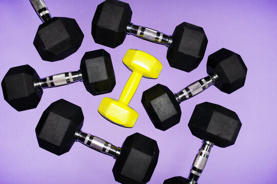 Colorful dumbbells on vibrant purple background