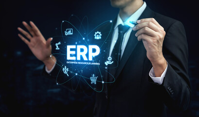 Obraz premium ERP platform visual showing centralized system for enterprise resource planning, improving integration, data flow, business efficiency, finance, inventory, and human resources. Spline