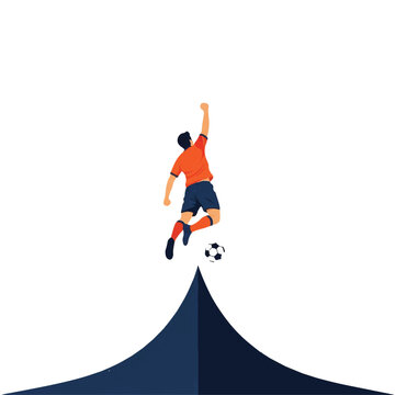 A lone soccer player jumping high into the air with one fist pumping upwards, capturing the peak of sports triumph, bold orange and navy blue palette, minimalist flat vector artwork, clipart
