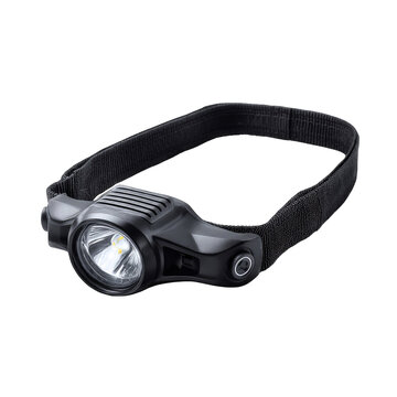 A sleek, dark-grey headlamp with an adjustable, black elastic band.  It features a single, bright LED light and a simple, compact design
