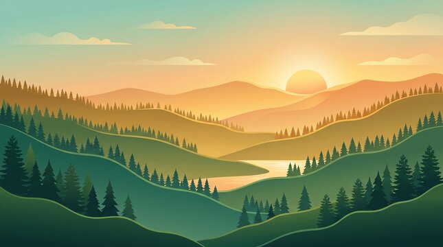 森林に差し込む朝日を描いたフラットグラデーション背景です。
グリーンとゴールドのグラデーションが爽やかな朝の自然を演出します。