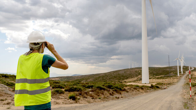 Technician inspecting wind turbine farm for renewable power