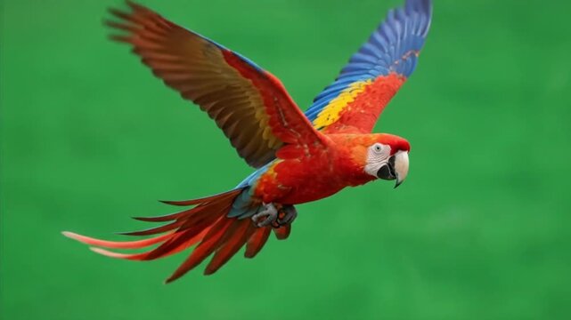 Scarlet macaw parrot flying with spread wings on a green screen chroma key backdrop