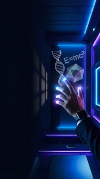 Hand touching holographic DNA helix and geometric polyhedron with E=mc2 formula in neon-lit futuristic corridor, representing science, physics, and technology innovation.
