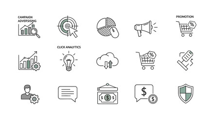 Fototapeta premium A collection of thin-line marketing and business icons arranged in a grid on a clean white background.