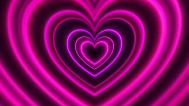 Glowing neon heart tunnel expanding outward in vibrant gradients. Neon heart portal with spreading waves of light and glow for valentine visuals, music videos and futuristic design. Seamless loop. 4K
