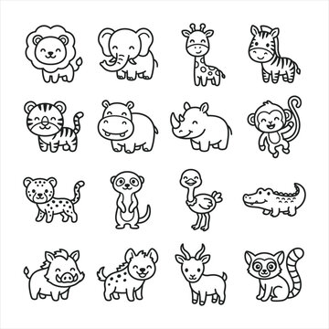 Cute safari animal outline vector line icon set collection for children