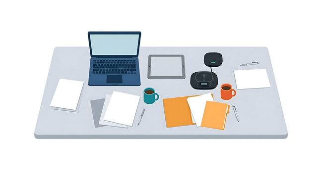 Office desk top view with laptop computer tablet coffee cups and documents overhead flat lay vector illustration